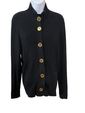 Character Club Black Ribbed Cardigan Sweater XL Gold Buttons